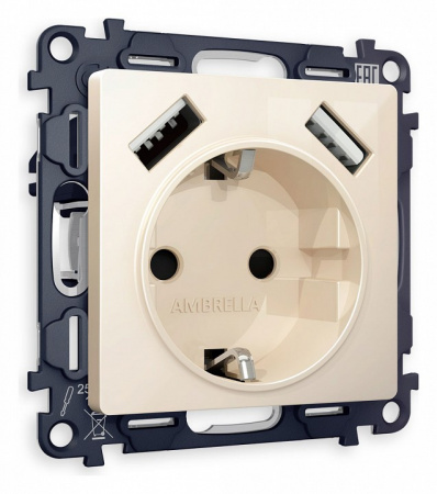 Комплект механизма электрической розетки ALFA MA309010 Бежевый глянец 2USB A+A 18W быстрая зарядка с заземлением и шторками 2P+E 16A-250V QUANT