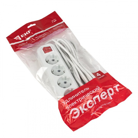 EKF PROxima Удлинитель "Эксперт" 4 гнезда 3 метра 16А/3,5кВт с выключателем и заземлением ПВС 3х1