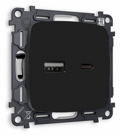 Комплект механизма розетки OMEGA MO811010 Черный матовый 2USB A+C 20W быстрая зарядка QUANT
