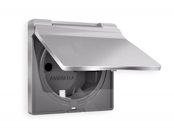 Лицевая панель ALFA (Сталь матовый) для электрической розетки с заземлением со шторками и крышкой IP44 QUANT