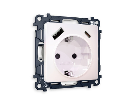 Комплект механизма электрической розетки ALFA MA210010 Жемчуг 2USB A+C 20W быстрая зарядка с заземлением и шторками 2P+E 16A-250V QUANT