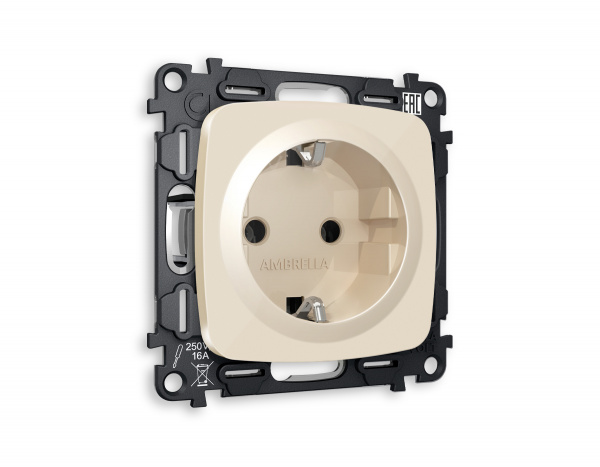 Комплект механизма электрической розетки OMEGA MO306010 Бежевый глянец с заземлением на винтовых зажимах 2P+E 16A-250V QUANT