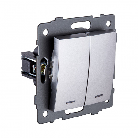 Выключатель кнопочный 2-клавишный 10А/250В с LED подсветкой, изогнутый, серый Kollinger REA-R-014GY для Aspekt, Eleganz, Reflex