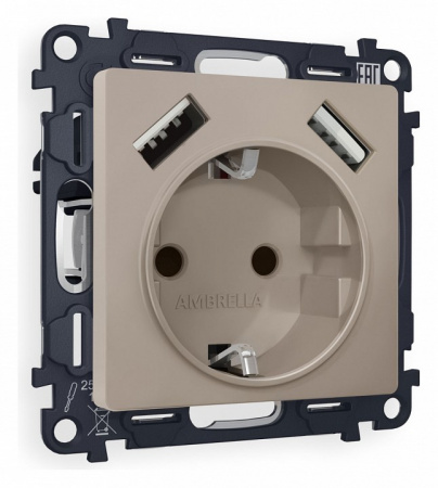 Комплект механизма электрической розетки ALFA MA369010 Серо-бежевый матовый 2USB A+A 18W быстрая зарядка с заземлением со шторками 2P+E 16A-250V QUANT