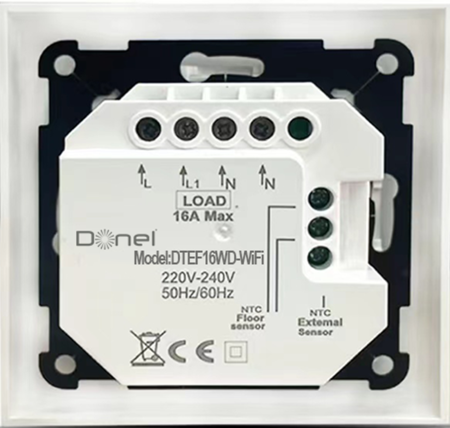 Donel Термостат с датчиком пола, программируемый с Wi-Fi , 16 A, 55*55 мм.белый, клавиши настройки, серия DTEF