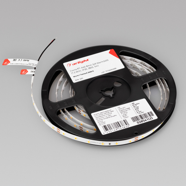 Arlight Лента RT-A60-8mm 24V Warm2400 (7.2 W/m, IP20, 2835, 5m) (Открытый)