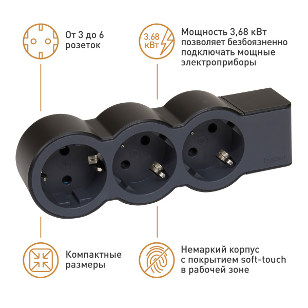 Legrand Revolution Стандарт Черный Удлинитель 3x2К+З, без кабеля