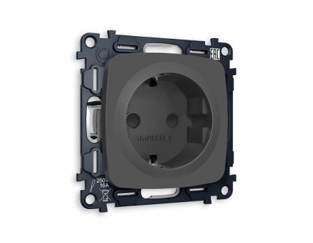 Комплект механизма электрической розетки OMEGA MO907010 Графит мягкое касание с заземлением и шторками 2P+E 16A-250V QUANT