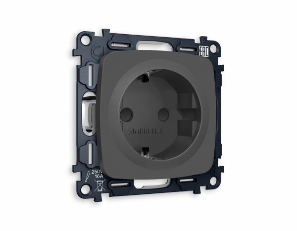 Комплект механизма электрической розетки OMEGA MO907010 Графит мягкое касание с заземлением и шторками 2P+E 16A-250V QUANT