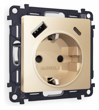 Комплект механизма электрической розетки ALFA MA610010 Шампань 2USB A+C 20W быстрая зарядка с заземлением и шторками 2P+E 16A-250V QUANT
