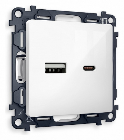 Комплект механизма розетки ALFA MA111010 Белый глянец 2USB A+C 20W быстрая зарядка QUANT