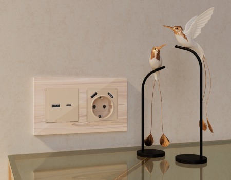 Лицевая панель ALFA (Бежевый глянец) для электрической розетки с заземлением со шторками 2USB A+A QUANT AP3090