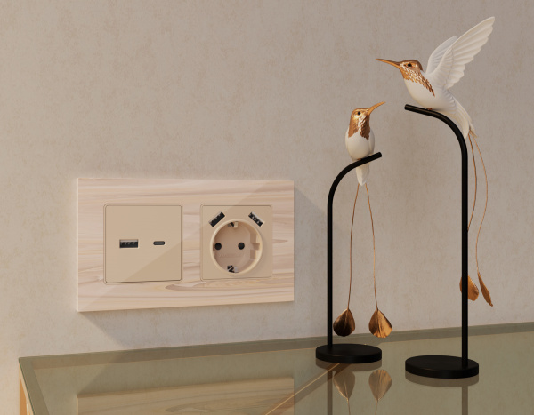 Лицевая панель ALFA (Бежевый глянец) для электрической розетки с заземлением со шторками 2USB A+A QUANT AP3090