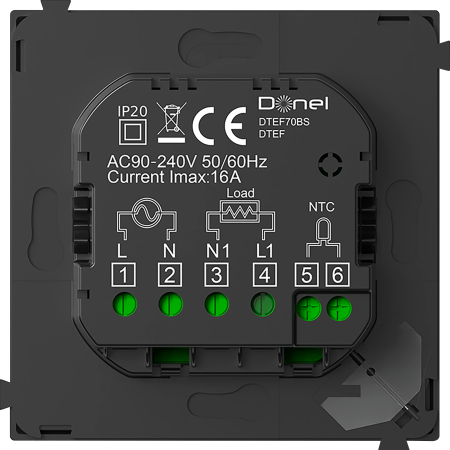 Donel Термостат электронный с датчиком пола, непрограммир. 16 A, 70*70 мм., черное стекло, серия DTEF