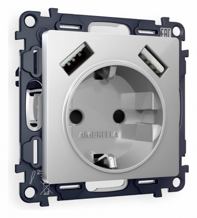 Комплект механизма электрической розетки ALFA MA409010 Серебро глянец 2USB A+A 18W быстрая зарядка с заземлением и шторками 2P+E 16A-250V QUANT