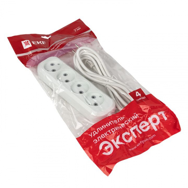 EKF PROxima Удлинитель "Эксперт" 4 гнезда 2 метра 10А/2,2кВт без заземления ПВС 2х0,75