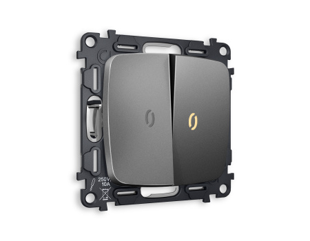 Комплект механизма 2-клавишного проходного выключателя с подсветкой 3200K OMEGA MO654030 Антрацит серый QUANT