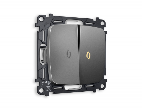 Комплект механизма 2-клавишного проходного выключателя с подсветкой 3200K OMEGA MO654030 Антрацит серый QUANT