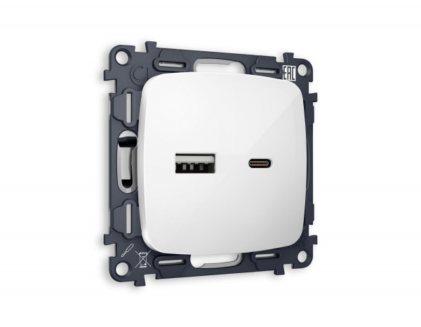 Комплект механизма розетки OMEGA MO111010 Белый глянец 2USB A+C 20W быстрая зарядка QUANT