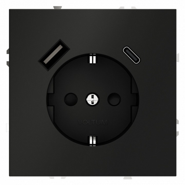 Розетка встраиваемая VOLTUM S70 с заземлением и защитными шторками, 16А, с USB, A+С, (черный матовый Розетка встраиваемая VOLTUM S70 с заземлением и защитными шторками, 16А, с USB, A+С, (черный матовый