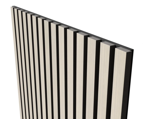 Акустическая панель, черный войлок, 1200х600х21мм, рейки МДФ, шпон дуб клэр светлый Акустическая панель, черный войлок, 1200х600х21мм, рейки МДФ, шпон дуб клэр светлый