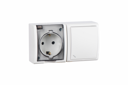 Simon 15 Aqua Белый Блок: Розетка 2P+E Schuko 16А 250В + выключатель проходной 10А 250В, IP54