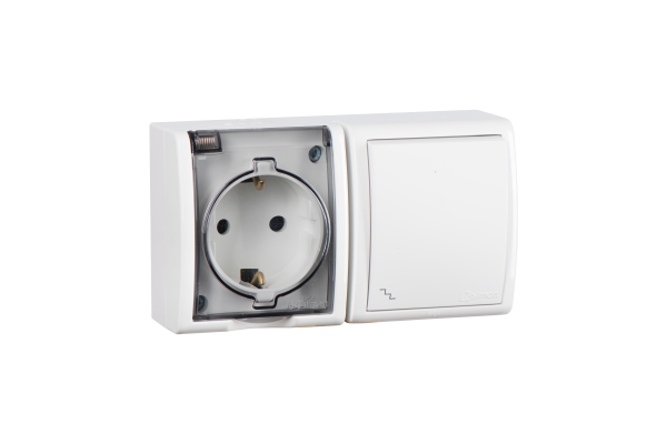 Simon 15 Aqua Белый Блок: Розетка 2P+E Schuko 16А 250В + выключатель проходной 10А 250В, IP54