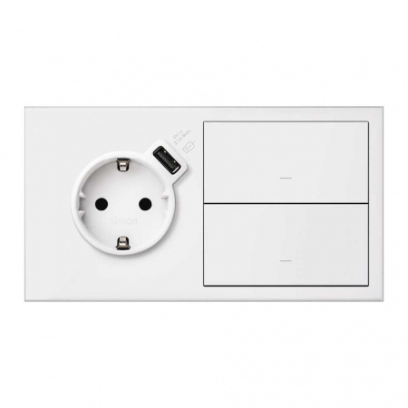 Simon 100 Кит 2 поста механизм 1 розетка Schuko с з/у USB SC 2.1А  + 2 переключателя (проходные) + суппорт