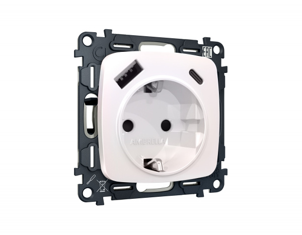 Комплект механизма электрической розетки OMEGA MO210010 Жемчуг 2USB A+C 20W быстрая зарядка с заземлением и шторками 2P+E 16A-250V QUANT