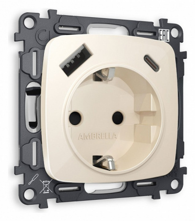 Комплект механизма электрической розетки OMEGA MO310010 Бежевый глянец 2USB A+C 20W быстрая зарядка с заземлением и шторками 2P+E 16A-250V QUANT