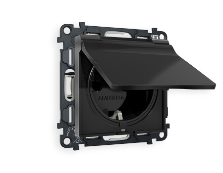 Комплект механизма электрической розетки ALFA MA808010 Черный матовый  с заземлением с шторками и защитной крышкой 2P+E 16A-250V IP44 QUANT