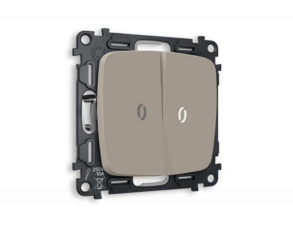 Комплект механизма 2-клавишного проходного выключателя с подсветкой 5600K OMEGA MO364035 Серо-бежевый матовый QUANT