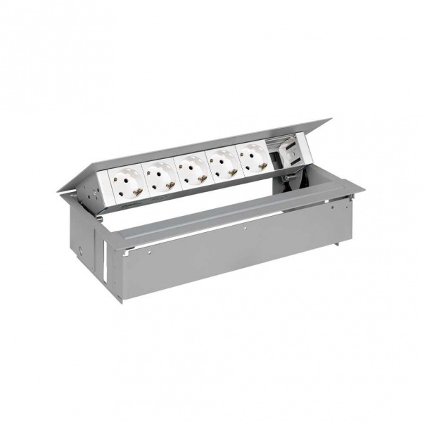 Simon 400 Алюминий Врезной розеточный блок с крышкой и мет. вводом, 5x2P+E, 1 пустое отвертие