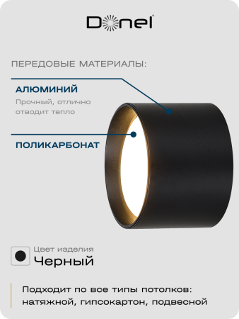 Donel Светильник накладной, GX53, D85xH60мм, IP20, черный, без лампы, DN02011R1B