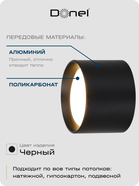 Donel Светильник накладной, GX53, D85xH60мм, IP20, черный, без лампы, DN02011R1B