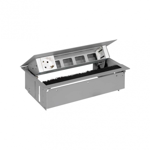 Simon 400 Алюминий Врезной розеточный блок с крышкой, ввод щетка, 1x2P+E, 4 пустых модуля