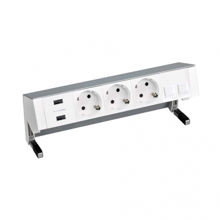 Simon 400 Алюминий Настольный розеточный блок, 3x2P+E, 2xUSB зарядное уст., адаптер для 2хRJ45, моноблок