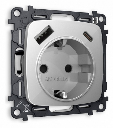 Комплект механизма электрической розетки OMEGA MO410010 Серебро глянец 2USB A+C 20W быстрая зарядка с заземлением и шторками 2P+E 16A-250V QUANT