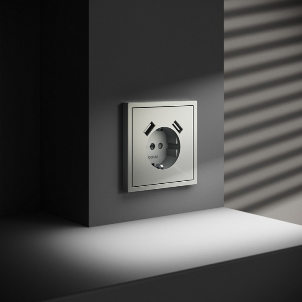 Розетка встраиваемая VOLTUM S70 с заземлением и защитными шторками, 16А, с USB, A+A, (сталь) Розетка встраиваемая VOLTUM S70 с заземлением и защитными шторками, 16А, с USB, A+A, (сталь)