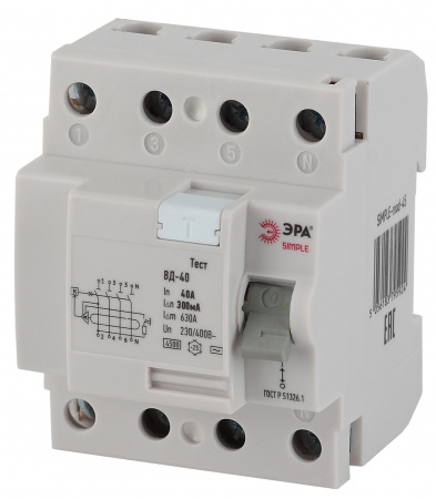 ЭРА SIMPLE-mod-53 SIMPLE Устройство защитного отключения УЗО ВД-40 4P 40А/300мА (электронное)