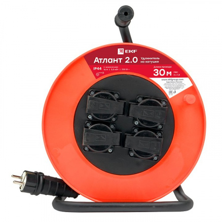 EKF PROxima Удлинитель на катушке "Атлант 2.0" 4 гнезда 30м с заземлением ПВС 3*1,5 16А/3,5кВт IP44