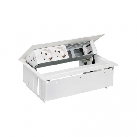 Simon 400 Белый Врезной розеточный блок с крышкой и мет. вводом, 2x2P+E, 2 пустых модуля