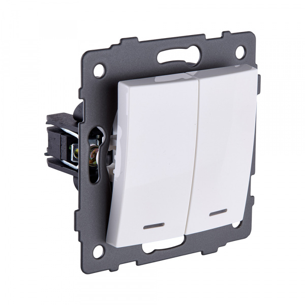 Выключатель кнопочный 2-клавишный 10А/250В с LED подсветкой, изогнутый, белый Kollinger REA-R-014WH для Aspekt, Eleganz, Reflex