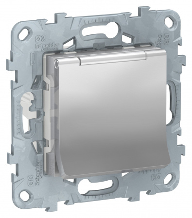 SE Unica New Алюминий Розетка с/з со шторками, с крышкой, 16А, 250В, IP40