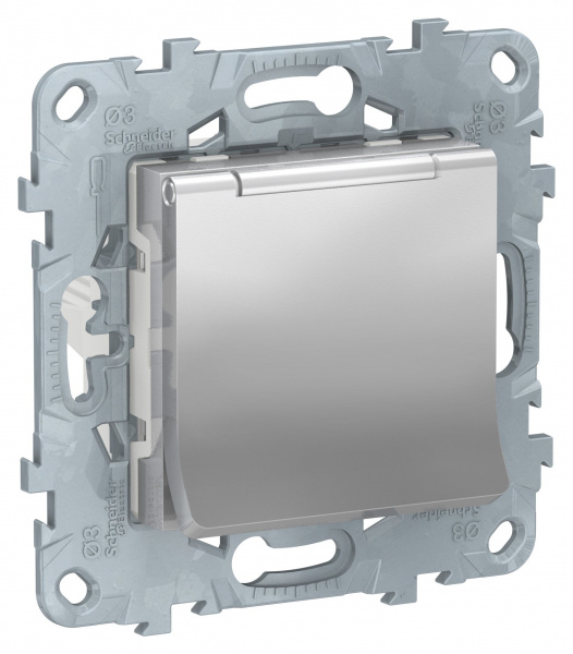 SE Unica New Алюминий Розетка с/з со шторками, с крышкой, 16А, 250В, IP40