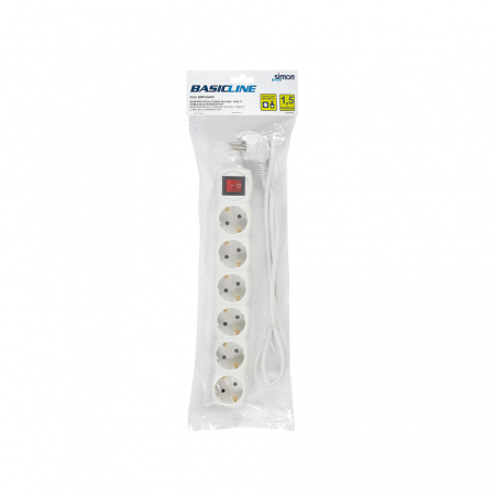 Simon Brico Белый Удлинитель на 6 розеток Schuko, выключатель, кабель 1.5м