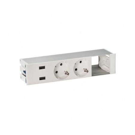 Simon 400 Белый Врезной розеточный блок с крышкой и мет. вводом, 2x2P+E, 2xUSB зарядное уст., 1 пустой модуль