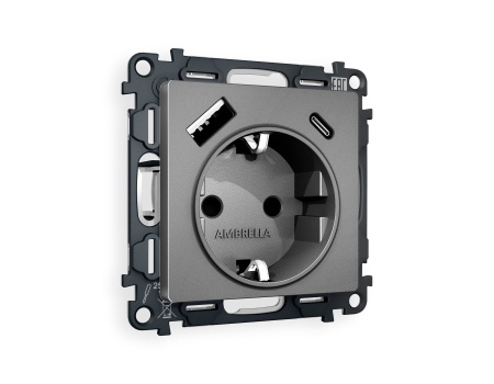 Комплект механизма электрической розетки ALFA MA660010 Антрацит серый 2USB A+C 20W быстрая зарядка с заземлением и шторками 2P+E 16A-250V QUANT