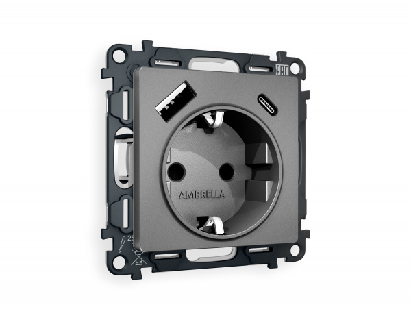 Комплект механизма электрической розетки ALFA MA660010 Антрацит серый 2USB A+C 20W быстрая зарядка с заземлением и шторками 2P+E 16A-250V QUANT