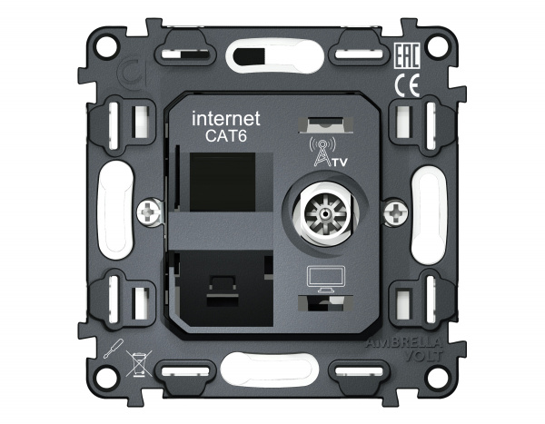 Механизм розетки компьютерной + TV оконечной RJ-45 (8P8C) CAT6 1000 Base-T/50-870 MHz 1dB с автоматической защитной шторкой QUANT VM195